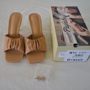 PiePieBuy Womens Square Open Toe Heeled Sandals Slip On Dress Party Shoes Khaki